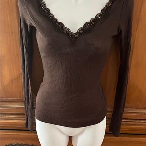 Brown Lace-Trim Ribbed V-Neck Long-Sleeve Top
Vintage